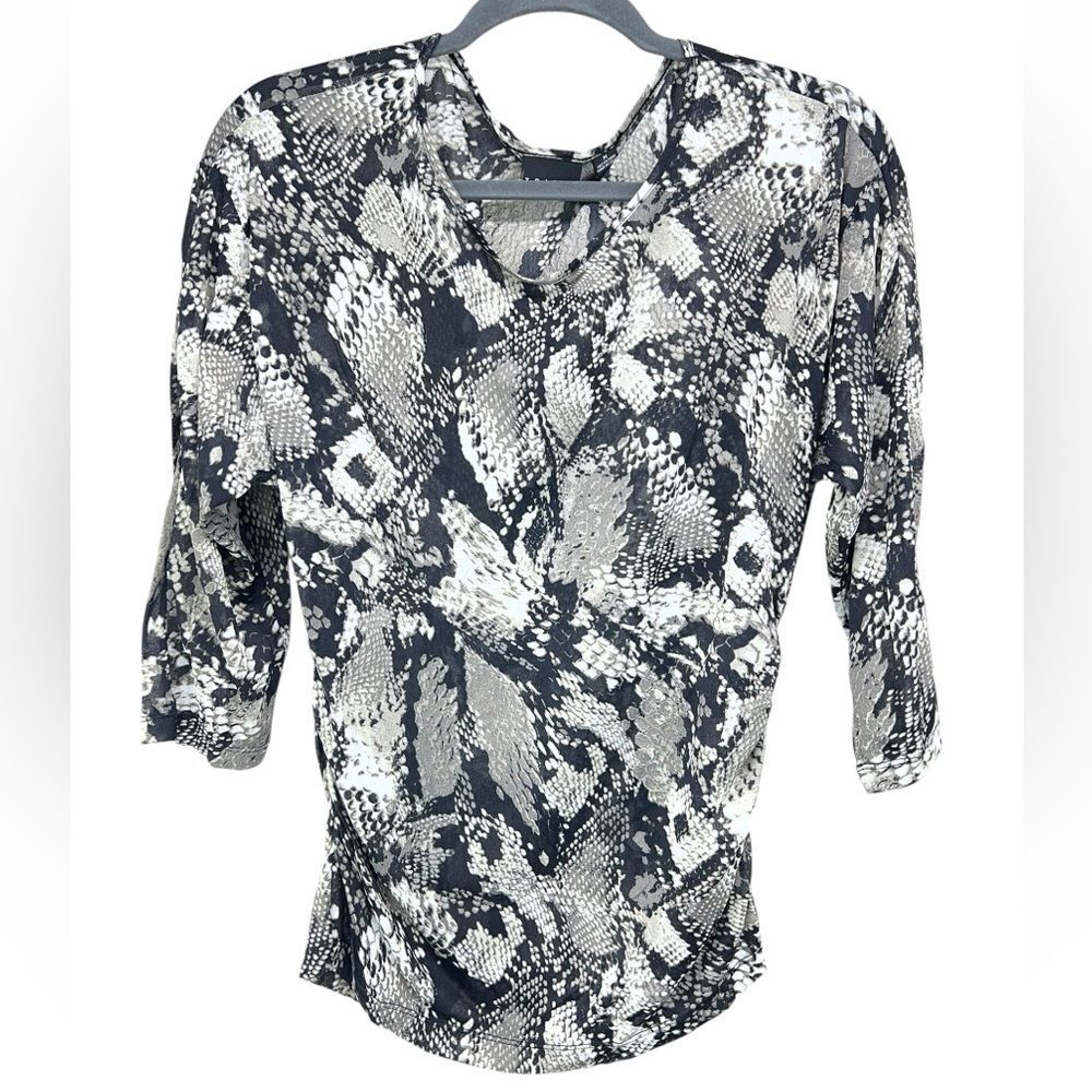 Tribal Black Gray Snakeskin Print Semi Sheer 3/4 Sleeve Top Ruched Sides Medium